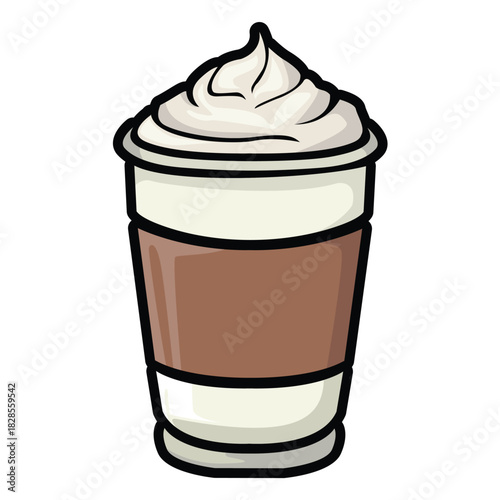 A set of hand drawn coffee drink illustrations featuring various café beverages such as latte, cappuccino, mocha, matcha, frappe, and creamy dessert drinks. Each cup is illustrated in a cute cartoon