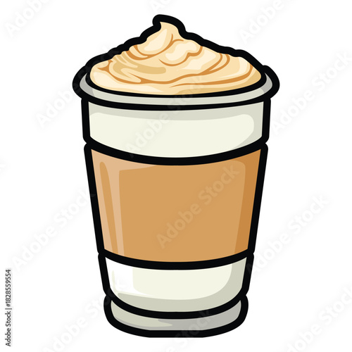 A set of hand drawn coffee drink illustrations featuring various café beverages such as latte, cappuccino, mocha, matcha, frappe, and creamy dessert drinks. Each cup is illustrated in a cute cartoon