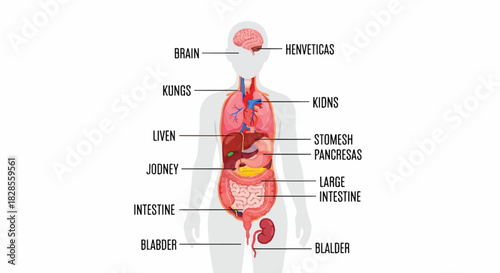 Simplified human anatomy vector illustration displaying clearly labeled internal organs on a clean white background, perfect for educational medical posters and scientific information.