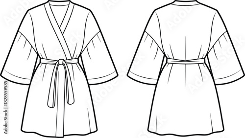 Belted kimono robe fashion flat sketch, technical cad vector drawing, short sleeve wrap dress outline, front back garment view