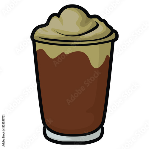 A set of hand drawn coffee drink illustrations featuring various café beverages such as latte, cappuccino, mocha, matcha, frappe, and creamy dessert drinks. Each cup is illustrated in a cute cartoon