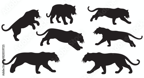 Dynamic set of powerful tiger silhouettes, capturing the strength, speed, and majestic essence of these wild big cats in various walking, running, and standing poses for impactful graphic design.