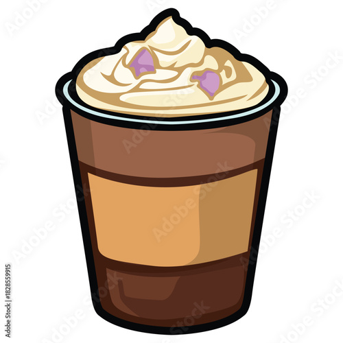 A set of hand drawn coffee drink illustrations featuring various café beverages such as latte, cappuccino, mocha, matcha, frappe, and creamy dessert drinks. Each cup is illustrated in a cute cartoon