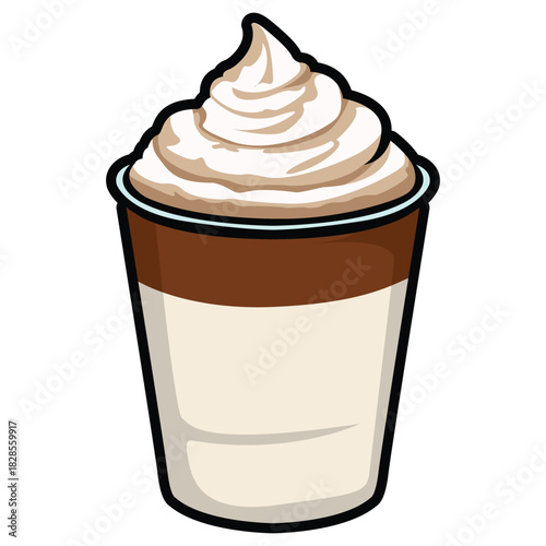 A set of hand drawn coffee drink illustrations featuring various café beverages such as latte, cappuccino, mocha, matcha, frappe, and creamy dessert drinks. Each cup is illustrated in a cute cartoon