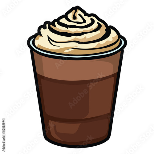 A set of hand drawn coffee drink illustrations featuring various café beverages such as latte, cappuccino, mocha, matcha, frappe, and creamy dessert drinks. Each cup is illustrated in a cute cartoon