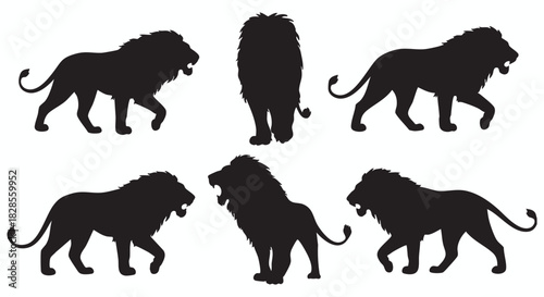 Majestic Lion Silhouette Collection Diverse Angles of Powerful Big Cats in Vector Illustration