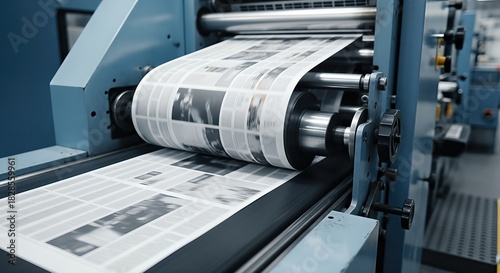 Printing press machine in action, producing newspapers with black and white images, showcasing the process of journalism and news dissemination in a modern facility