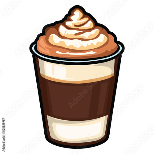 A set of hand drawn coffee drink illustrations featuring various café beverages such as latte, cappuccino, mocha, matcha, frappe, and creamy dessert drinks. Each cup is illustrated in a cute cartoon