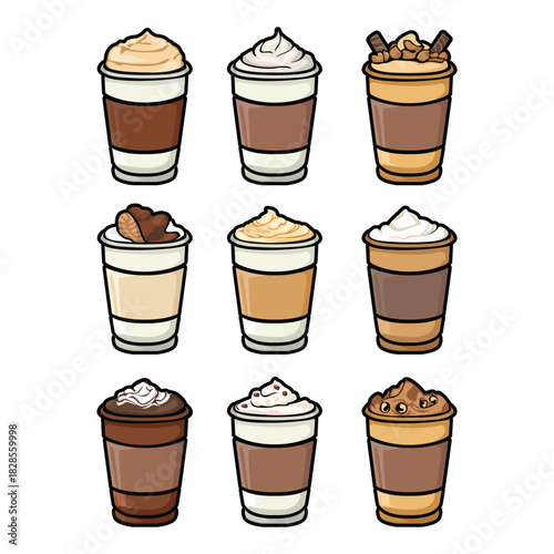 A set of hand drawn coffee drink illustrations featuring various café beverages such as latte, cappuccino, mocha, matcha, frappe, and creamy dessert drinks. Each cup is illustrated in a cute cartoon 
