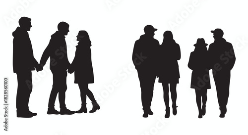 Silhouette Illustration of Couples Walking Hand-in-Hand Together, Isolated on White Background for Romance Concepts.