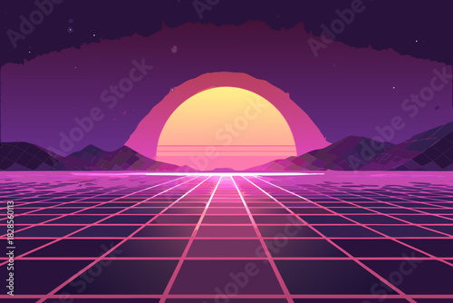Dynamic Retro Vaporwave Grid With Glowing Sun Creative Visual