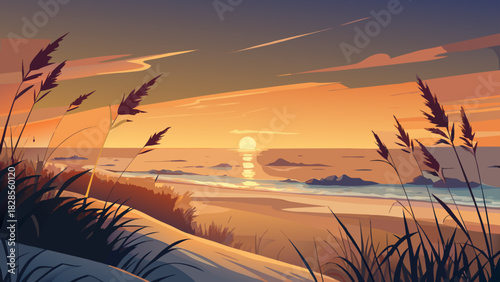 Very beautiful sunrise scene on Hilton Head Island featuring gentle sand dunes and silhouetted sea oat grass against a glowing horizon, captured in a clean, serene, non-specific natural setting suitab
