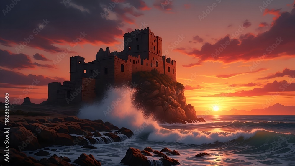 Fototapeta premium Dramatic Sunset over Ancient Coastal Castle Ruin
