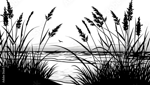 Very beautiful sunrise scene on Hilton Head Island featuring gentle sand dunes and silhouetted sea oat grass against a glowing horizon, captured in a clean, serene, non-specific natural setting suitab