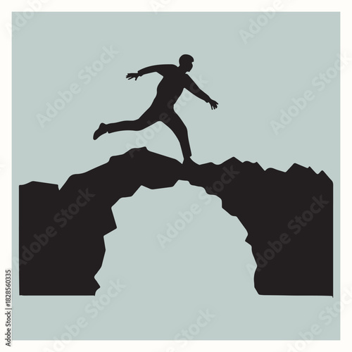 Man Jumping Over Cliff Gap Silhouette Vector Illustration
