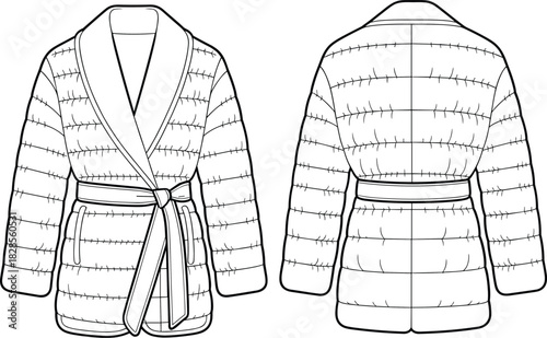 Belted short puffer jacket CAD drawing, flat vector illustration, front and back view, technical winter coat sketch, fashion design
