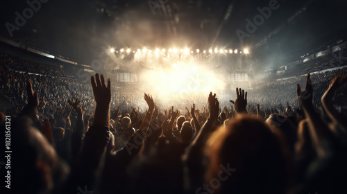 A huge crowd of chee people raise their hands towards a brightly lit stage at an exciting concert, creating a dynamic and energetic atmosphere for everyone.