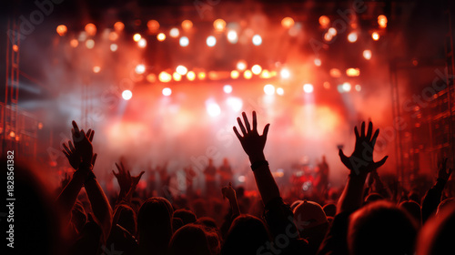 A crowd enjoys a vibrant live music concert with raised hands bathed in red stage lighting and hazy atmosphere, showcasing the excitement of the performance.