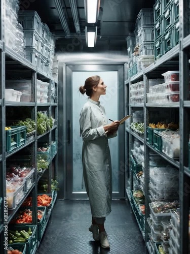 Culinary Inventory: A dedicated worker meticulously inspects the fresh supplies within a well-organized storage room, ensuring peak quality and optimal organization.