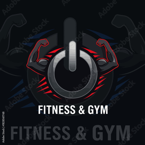 Fitness and Gym Power Button Logo with Muscular Arms.