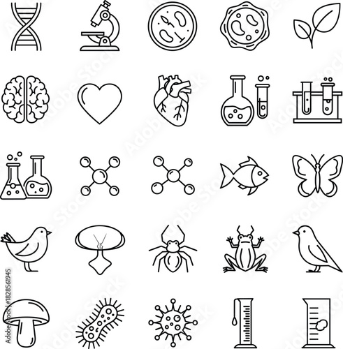 Biology, science, molecular, laboratory, anatomy, cells, test tube, microscope, DNA, plant, virus, animal, organ, bacteria icon set