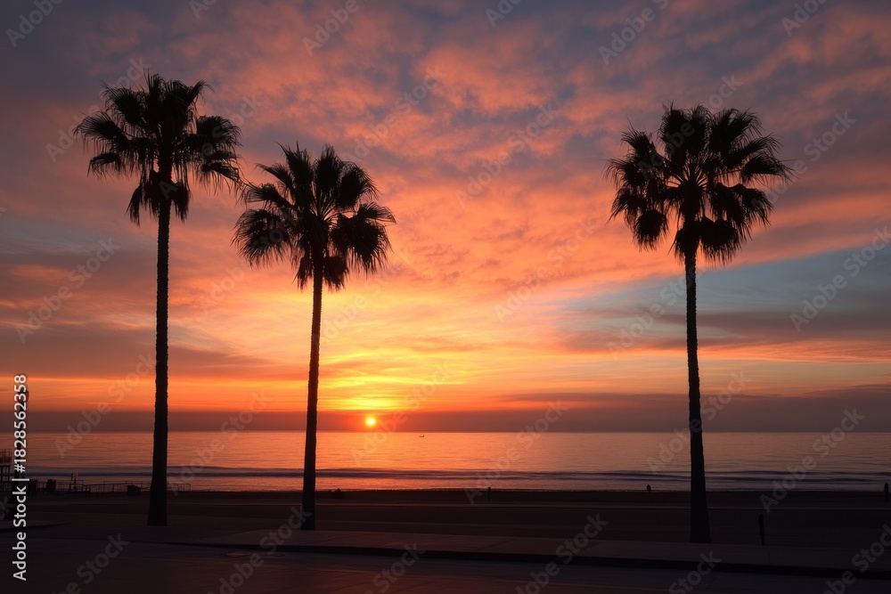 Fototapeta premium Red evening sky behind tall palms along quiet Pacific shoreline