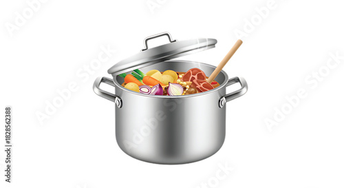 Hearty stew ingredients ready for cooking in a large metal pot