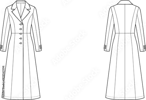 coat, maxi, long, single, button, vector, technical, fashion, apparel, garment, clothing, women, tailored, 