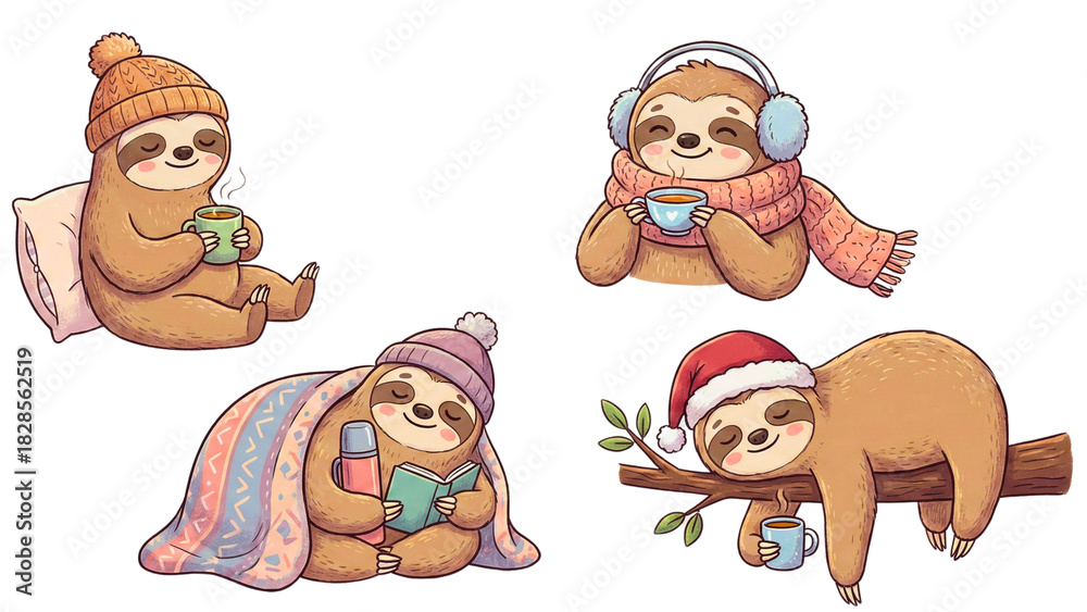 Fototapeta premium Cute and Cozy Sloths Relaxing with Drinks and Warm Accessories in Different Seasonal Settings
