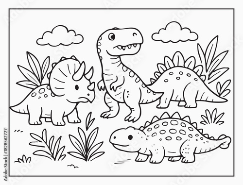 Cute funny adventure dinosaurs lineart coloring book for study