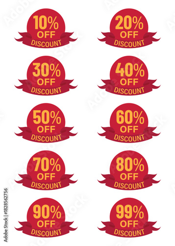 Collection of  discount tags with percentage off red ribbon vector design