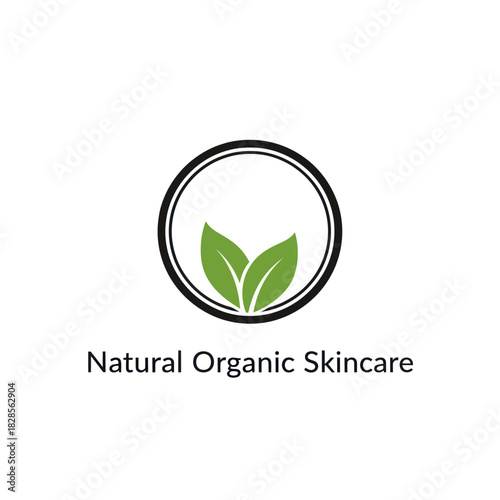 Natural Organic Skincare Logo with Green Leaves Inside a Circle.