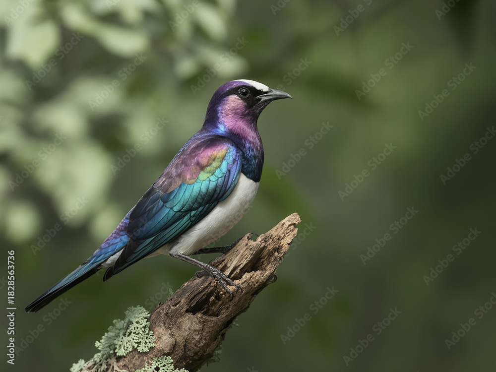 Fototapeta premium Stunning violet-backed starling perched gracefully on a branch, its iridescent plumage shimmering in the light, a vibrant touch of wildlife beauty for nature lovers