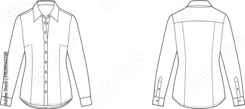 Women's Fitted Classic Button-Down Shirt Tailored Long Sleeve Pointed Collar Fashion Flats Technical Sketch Vector Illustration Front and Back View CAD Template
