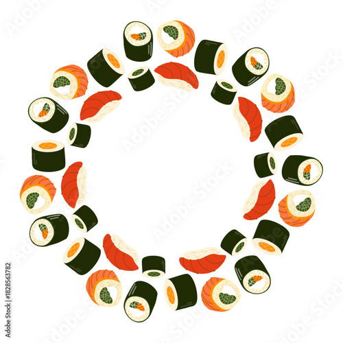 Variety of colorful sushi arranged in a circular design ideal for menus or food invitations
