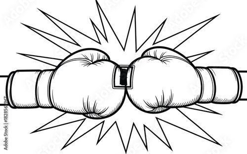 Black and white illustration of boxing gloves clashing, symbolizing fight, power, conflict, sport, competition, impact, punch, strength, action