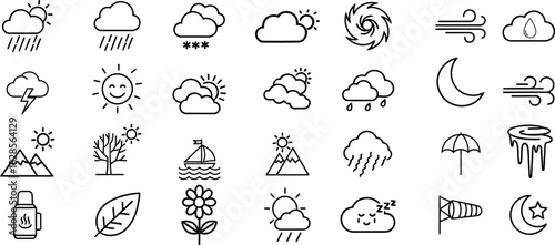 Minimalist line art icon set featuring various weather phenomena, nature, and outdoor themes