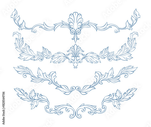 Vintage baroque border set. Victorian hand drawn border frame, ornate with classic acanthus leaves and rustic florals. Whimsical decorative elements for wedding invitation, card, certificate, diploma.