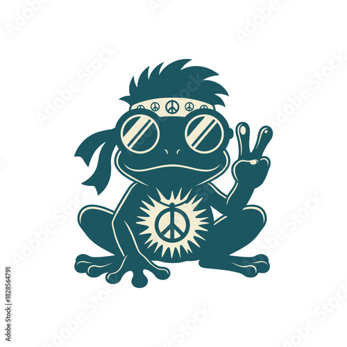 Funny hippie frog cartoon character showing peace hand sign. Retro animal mascot wearing sunglasses and headband for 60s themed apparel