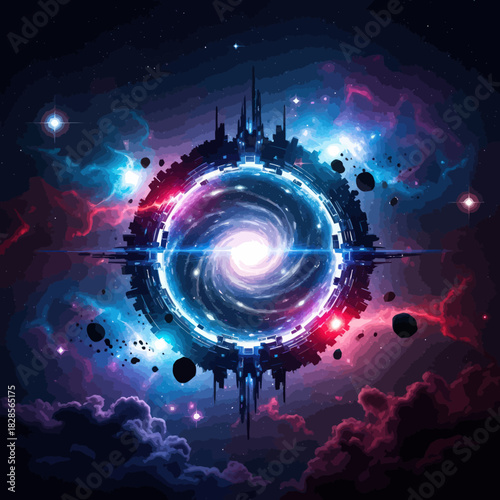 Futuristic circular space station with a glowing energy vortex.