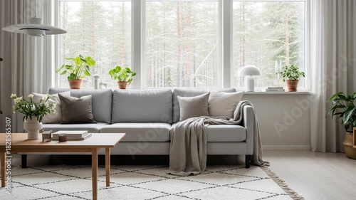 Cozy modern living room with a large window view of a snowy winter forest.