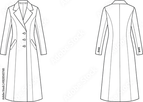 Women's long coat technical flat sketch, front and back view, notched lapel, three button closure, welt pockets, tailored fit, fashion illustration, vector drawing