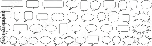 Black and white speech bubbles, comic dialogue balloons, empty thought clouds, cartoon talk shapes, blank message bubbles, vector outline set