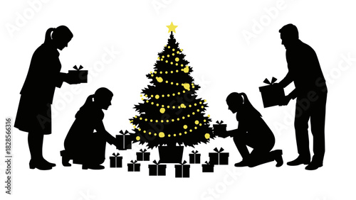 Family decorating Christmas tree with gifts, celebrating holiday joy, vector silhouette