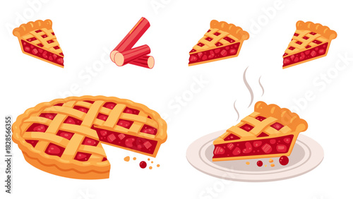 Homemade rhubarb pie slices and whole pie, dessert baking illustration, sweet and tasty treat