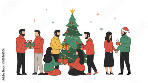 Happy holiday celebration with friends exchanging gifts around a decorated Christmas tree