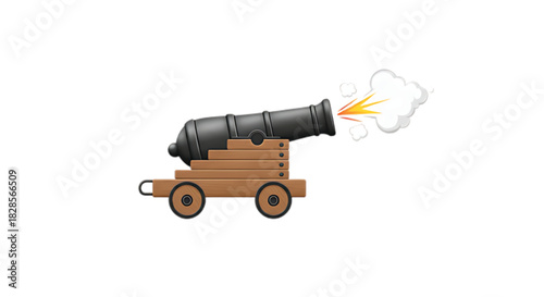 Historic cannon firing with smoke and sparks against a white background