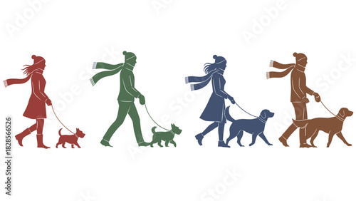 Colorful winter walk with dogs silhouette, people enjoying pets outdoor recreation fun