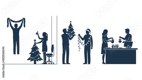 Festive office team decorating for Christmas, celebrating holidays together, vector style