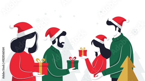 Festive cheer with friends exchanging gifts, Christmas celebration and holiday spirit